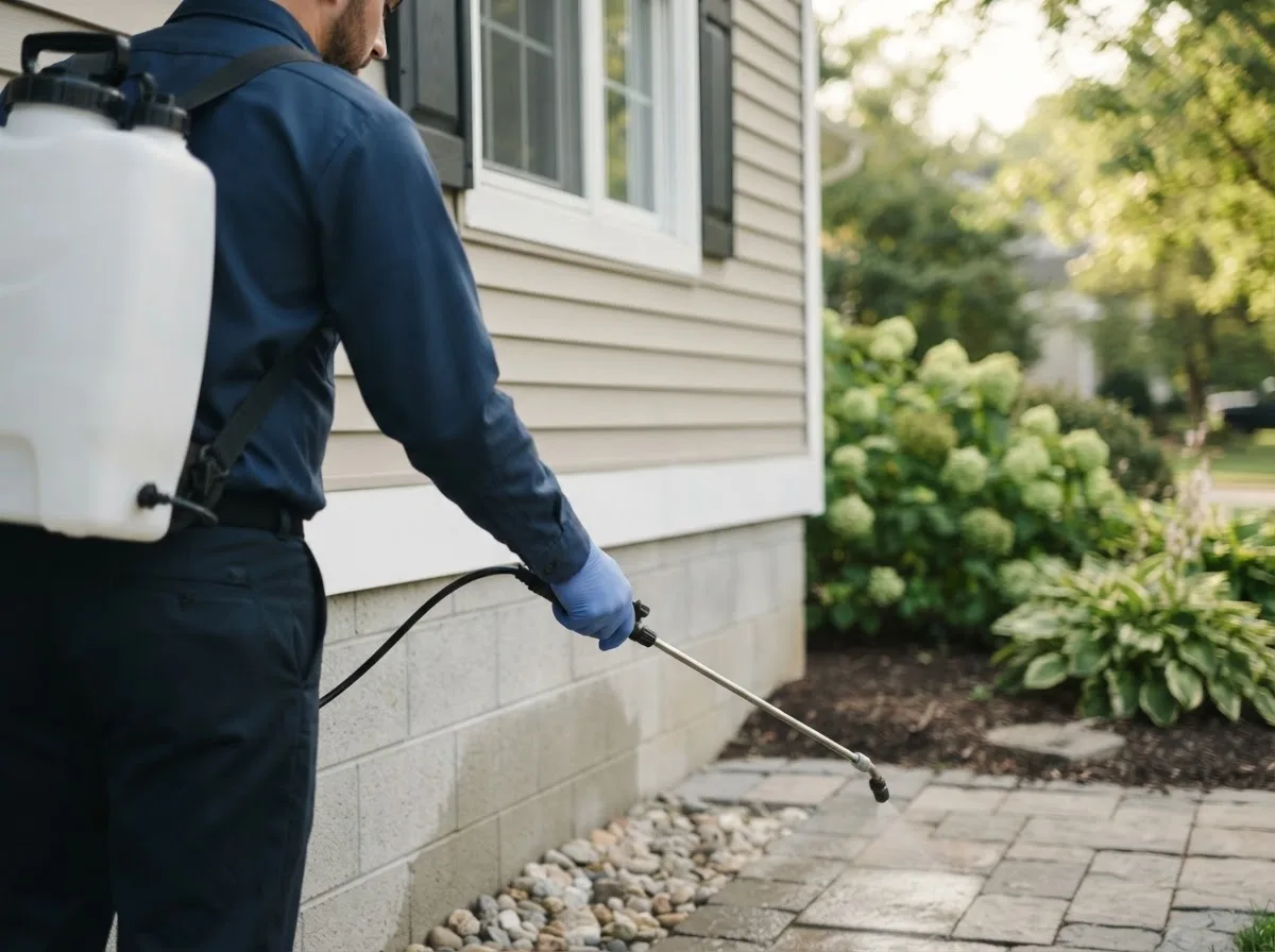 Pest control technician inspecting a home in Crocker, MO
